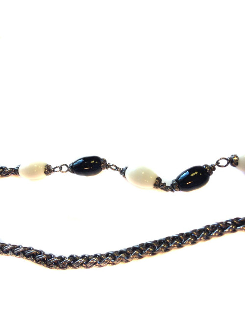 Sautoir MARGUERITE DE VALOIS chaîne ruthénium et pâte de verre noire et blanche