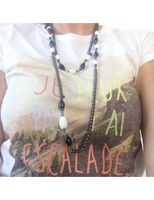 Sautoir MARGUERITE DE VALOIS chaîne ruthénium et pâte de verre noire et blanche