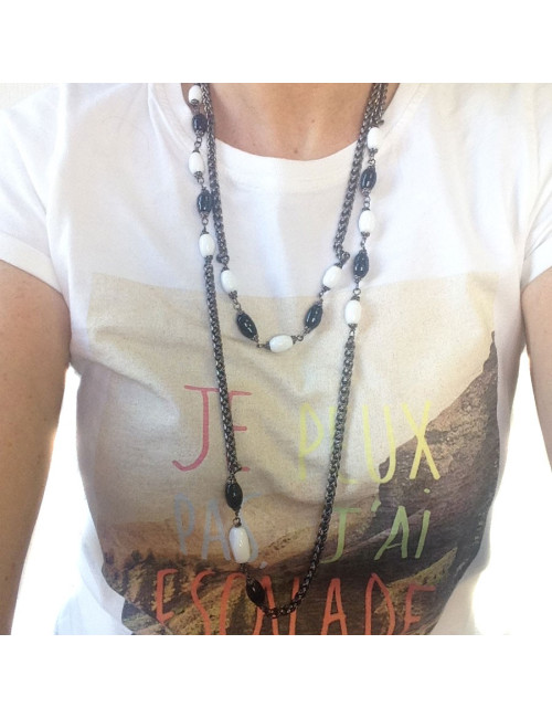 Sautoir MARGUERITE DE VALOIS chaîne ruthénium et pâte de verre noire et blanche