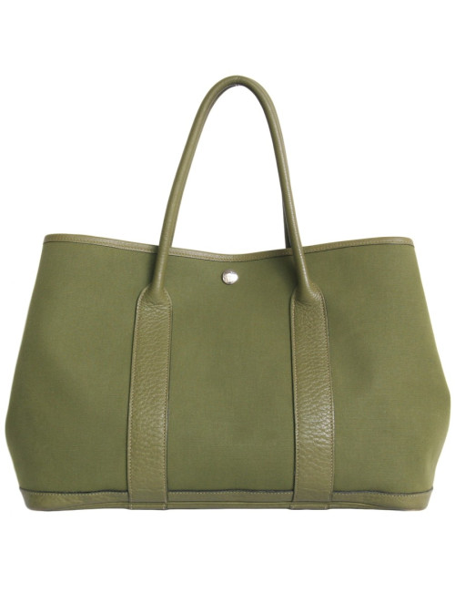 sac Garden party HERMES toile kaki et cuir taurillon Clémence bicolore