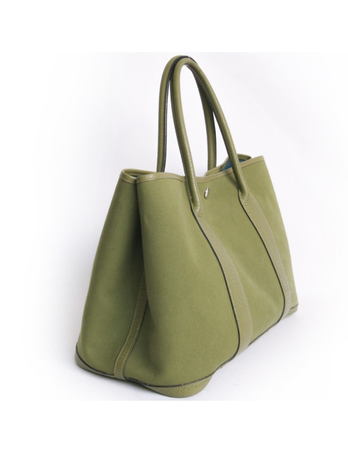 sac Garden party HERMES toile kaki et cuir taurillon Clémence bicolore
