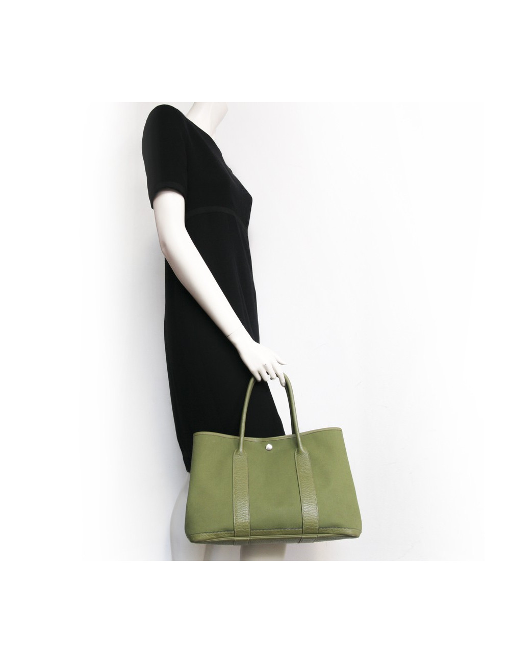 Sac Garden party HERMES toile kaki et cuir taurillon Clémence bicolore