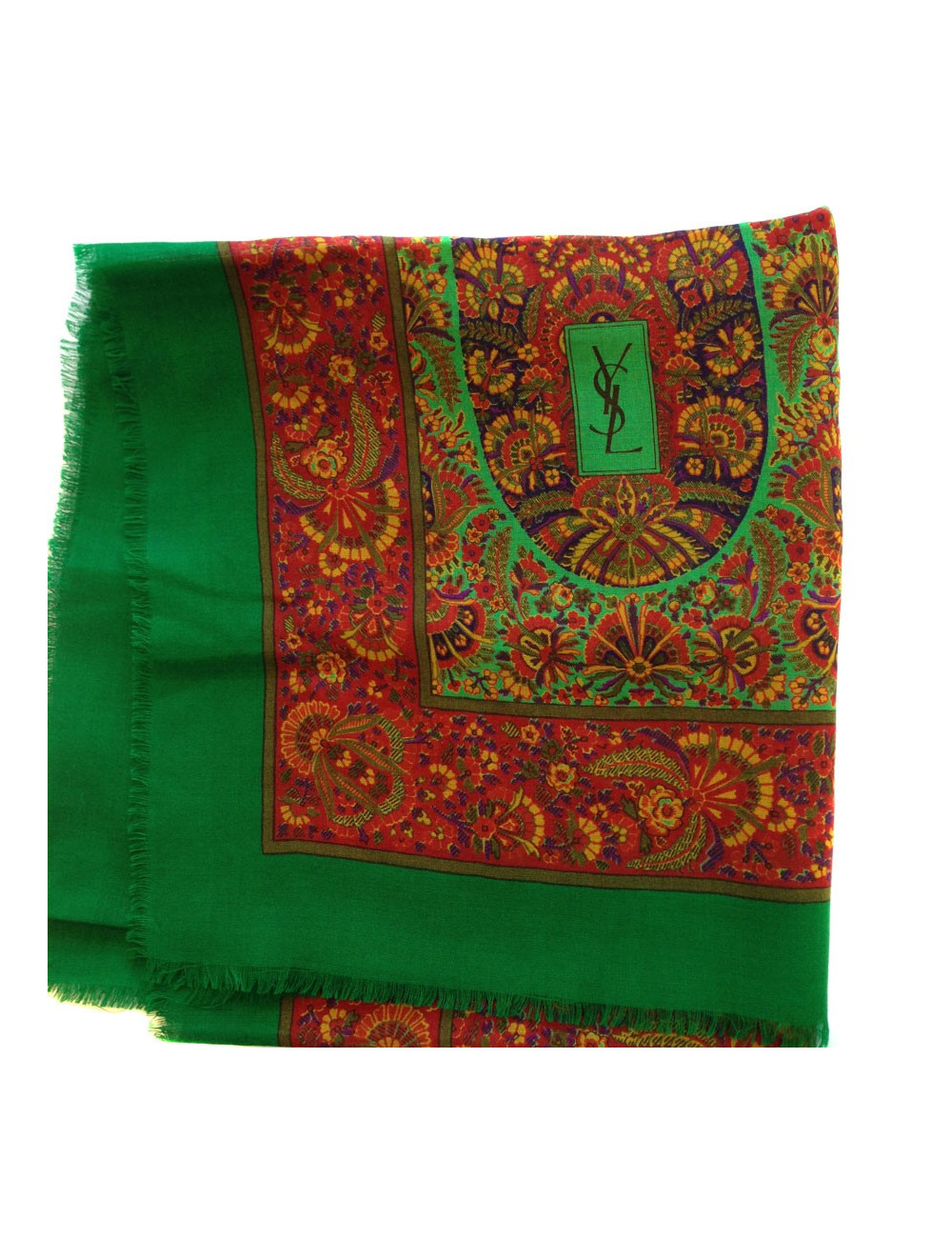 Grand carré de soie en laine et soie YVES SAINT LAURENT vert