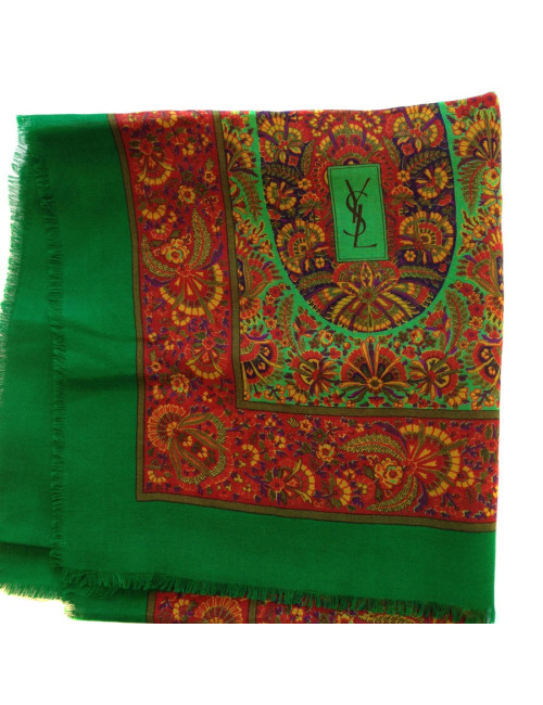 Grande étole YVES SAINT LAURENT en laine et soie vert imprimé