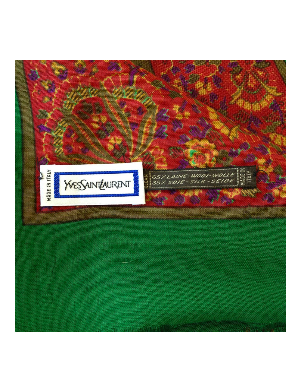 Grande étole YVES SAINT LAURENT en laine et soie vert imprimé