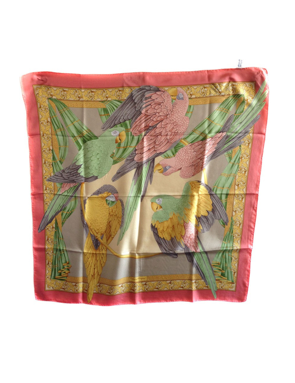 Carré de soie SALVATORE FERRAGAMO motif perroquets mauves vintage