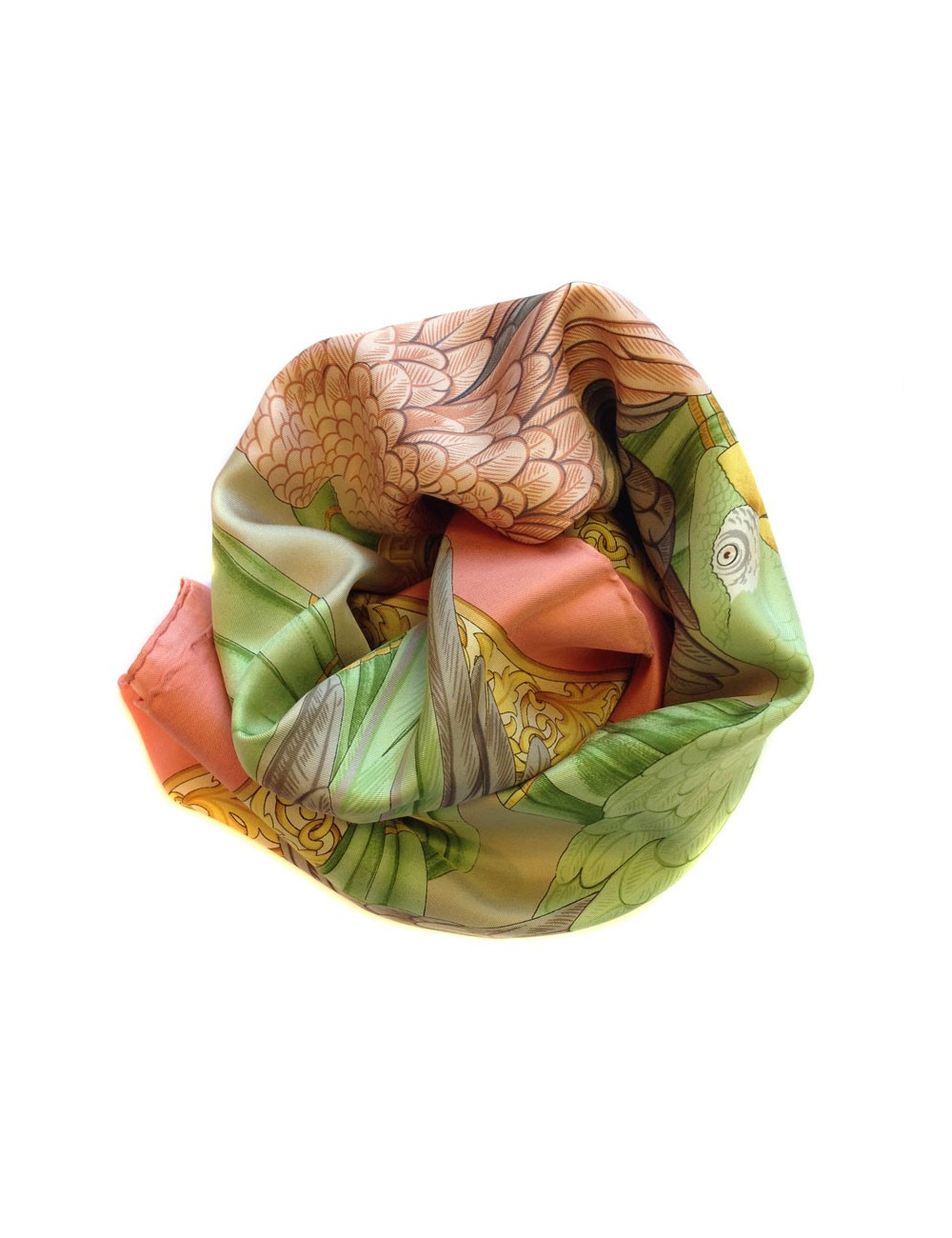 Carré de soie SALVATORE FERRAGAMO motif perroquets roses vintage