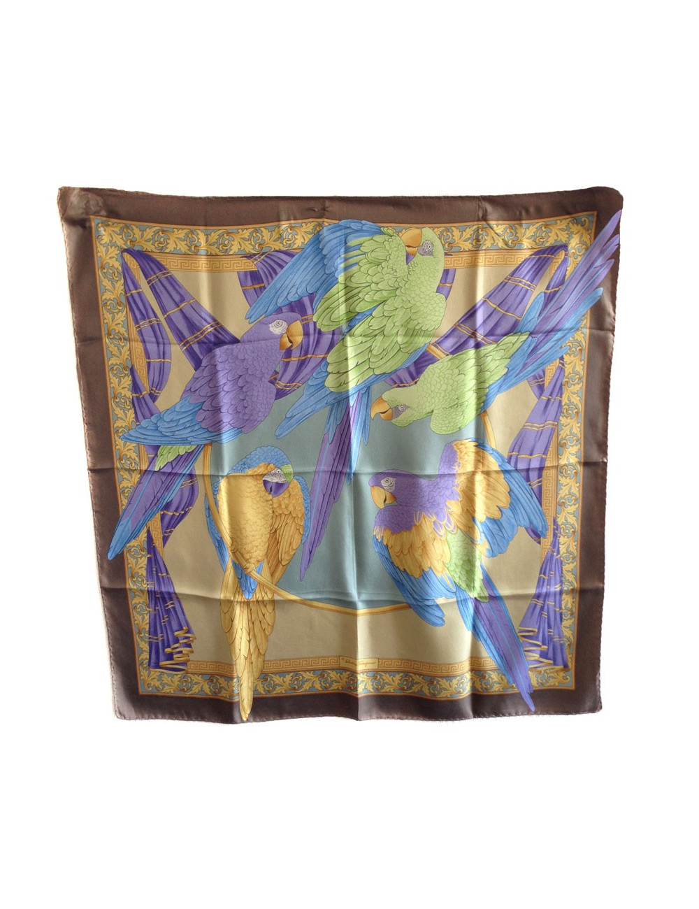 Carré de soie SALVATORE FERRAGAMO motif perroquets mauves vintage