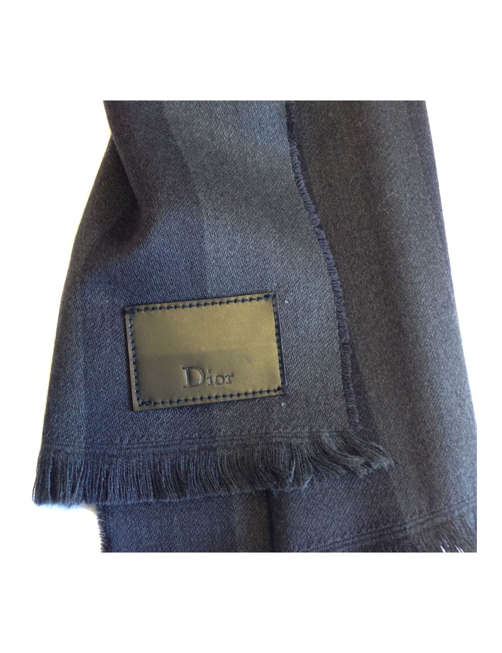 Echarpe DIOR gris anthracite à bord frangé en laine et soie