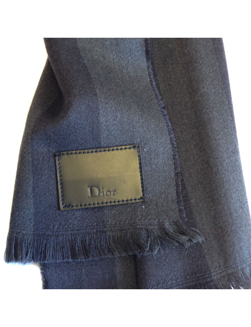Echarpe DIOR gris anthracite à bord frangé en laine et soie