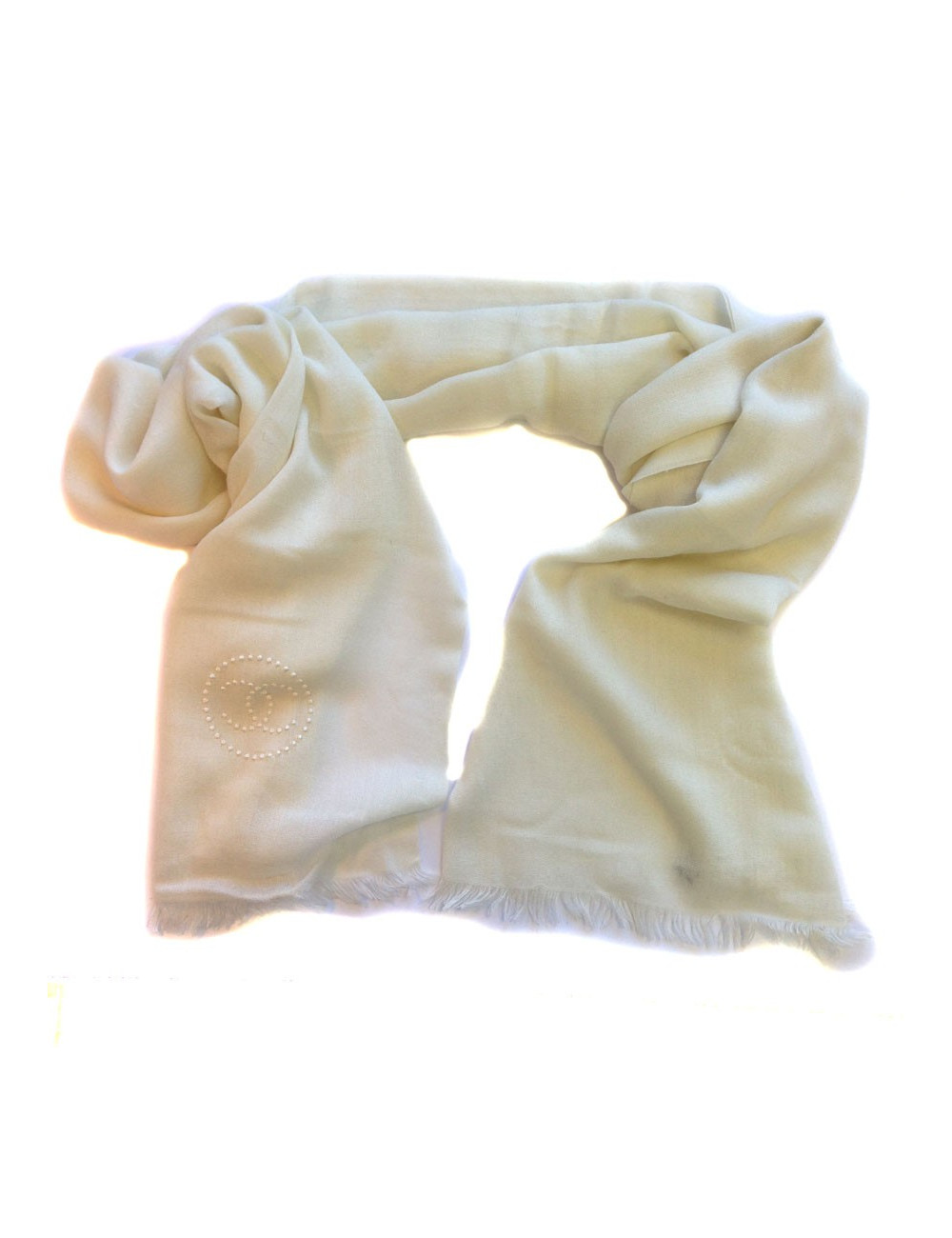 Etole CHANEL écrue à bord frangé en cachemire, soie et laine