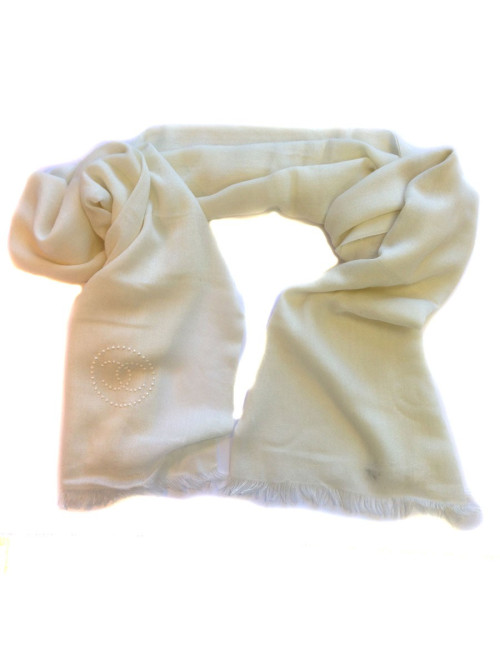 Etole CHANEL écrue à bord frangé en cachemire, soie et laine