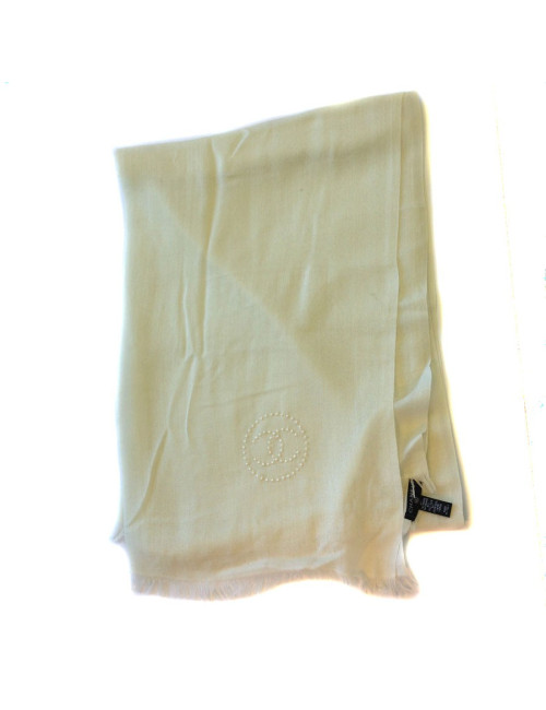 Etole CHANEL écrue à bord frangé en cachemire, soie et laine