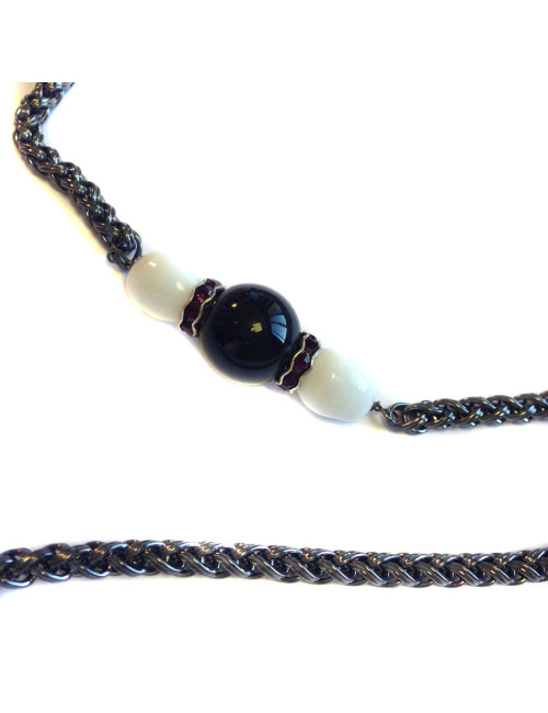 sautoir MARGUERITE DE VALOIS chaîne ruthénium, pâte de verre noire et blanche et strass swarovski violet