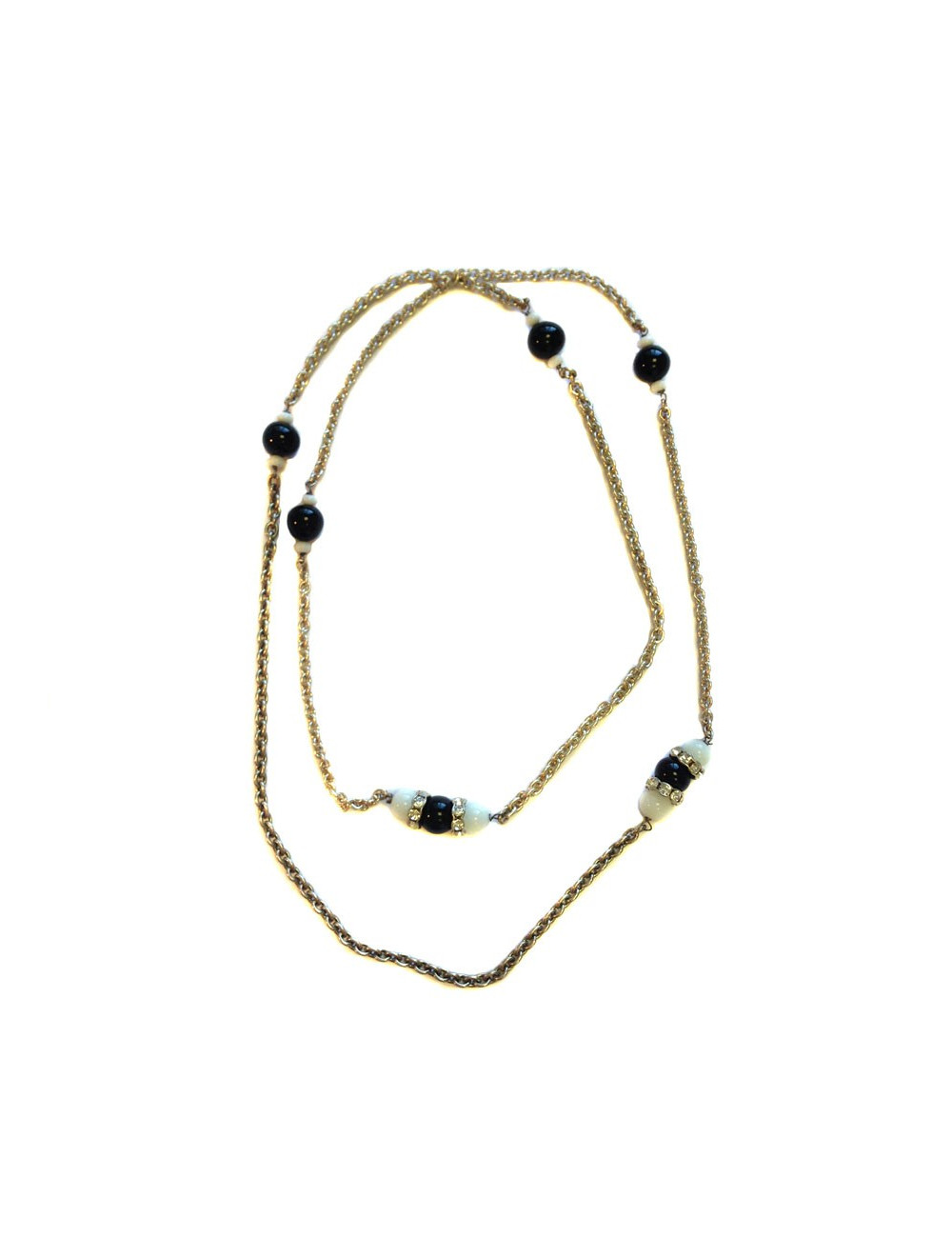 Sautoir MARGUERITE DE VALOIS chaîne argentée, pâte de verre noire et blanche et strass svarowski blanc