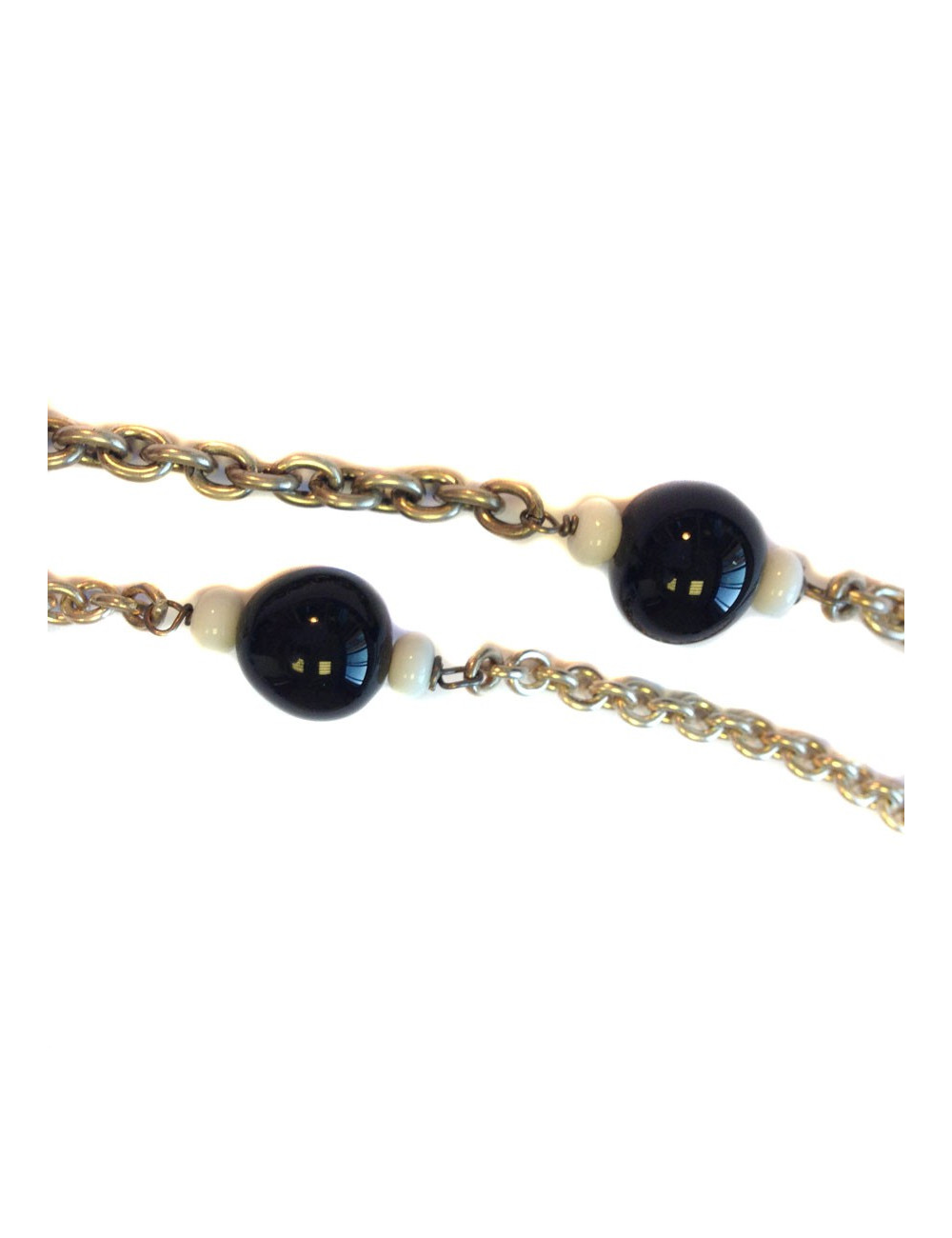 Sautoir MARGUERITE DE VALOIS chaîne argentée, pâte de verre noire et blanche et strass svarowski blanc