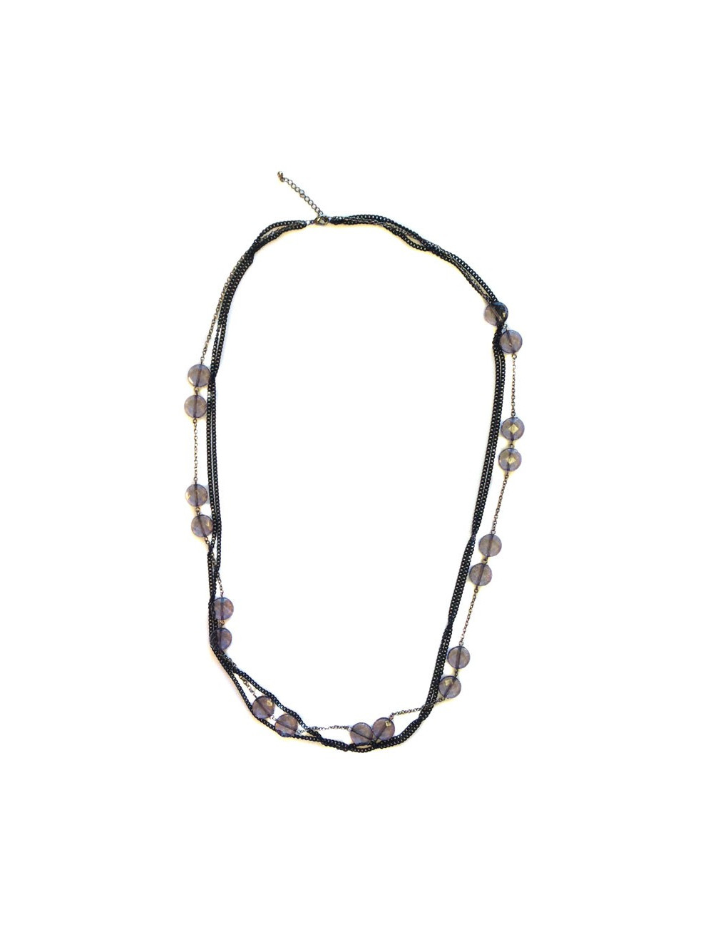 Sautoir MARGUERITE DE VALOIS multi chaîne noire et argent et pâte de verre mauve