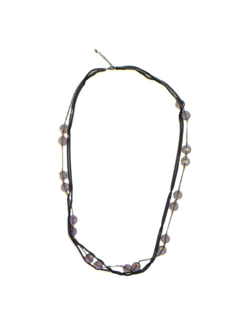 Sautoir MARGUERITE DE VALOIS multi chaîne noire et argent et pâte de verre mauve