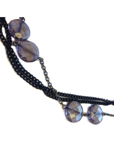Sautoir MARGUERITE DE VALOIS multi chaîne noire et argent et pâte de verre mauve 2