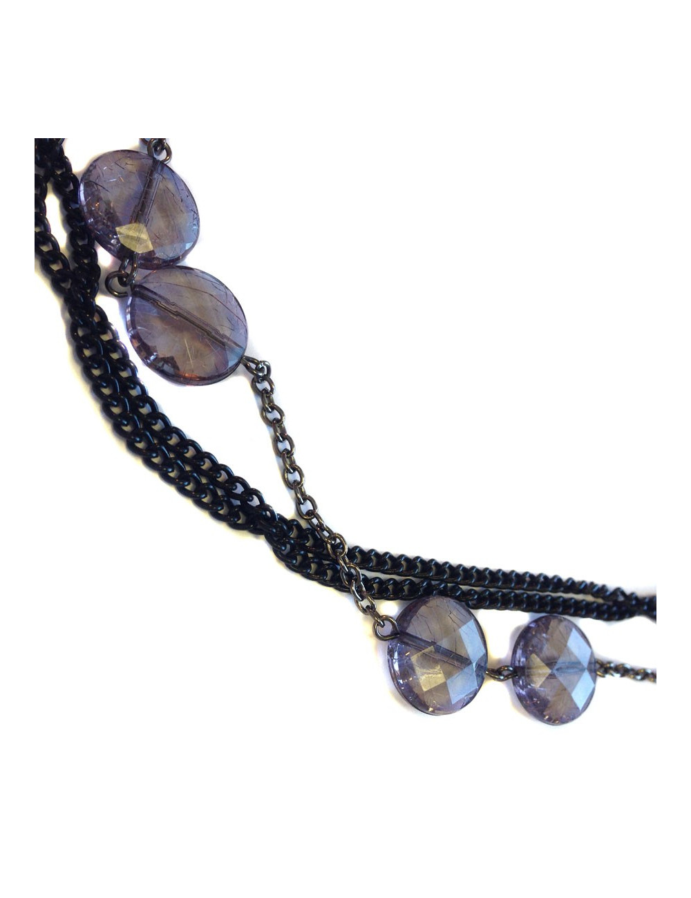 Sautoir MARGUERITE DE VALOIS multi chaîne noire et argent et pâte de verre mauve