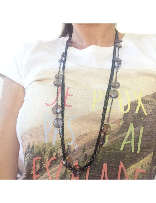 Sautoir MARGUERITE DE VALOIS multi chaîne noire et argent et pâte de verre mauve