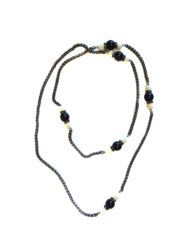 Sautoir MARGUERITE DE VALOIS chaîne ruthénium, pâte de verre noire et blanche et strass swarovski violet