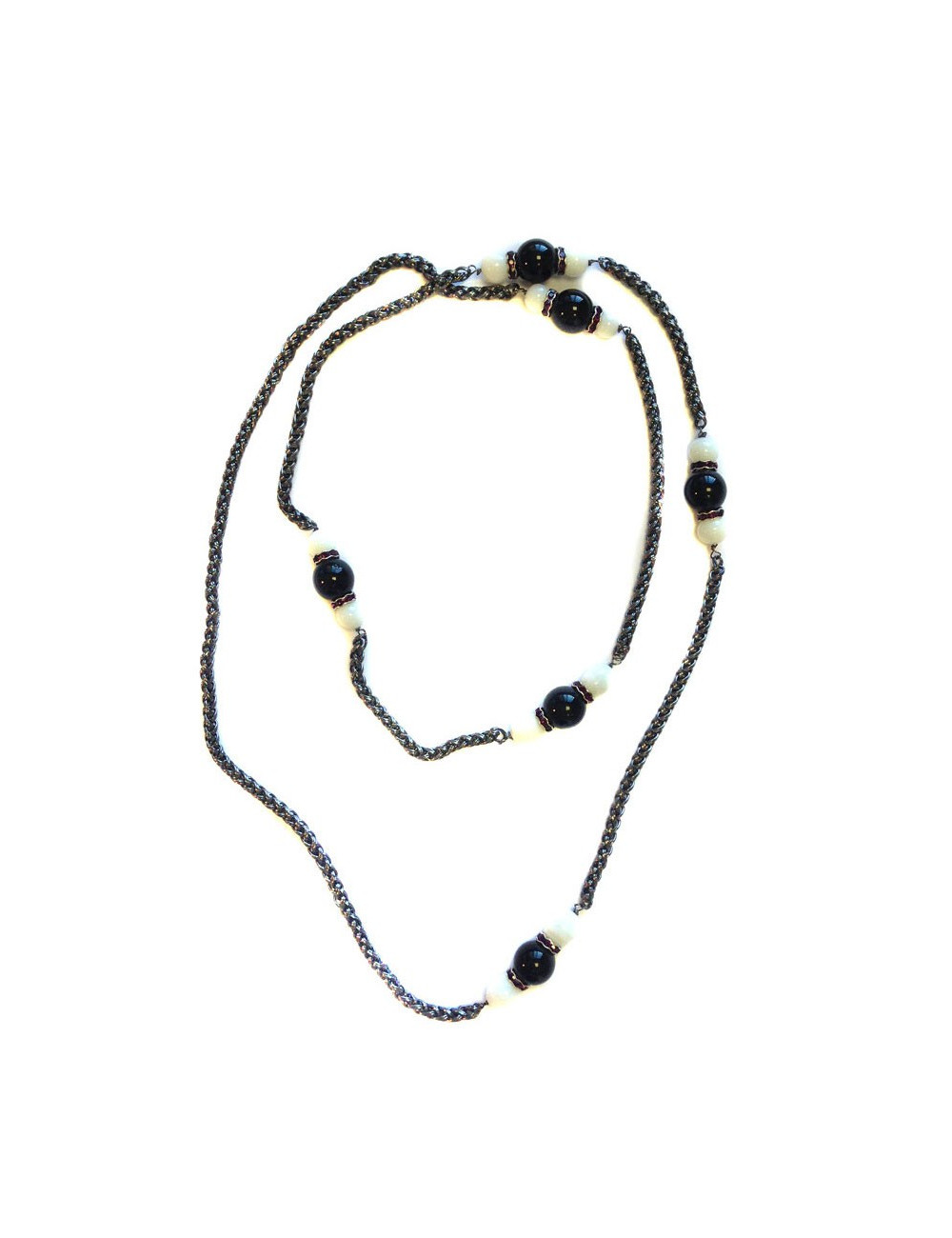 Sautoir MARGUERITE DE VALOIS chaîne ruthénium, pâte de verre noire et blanche et strass swarovski violet