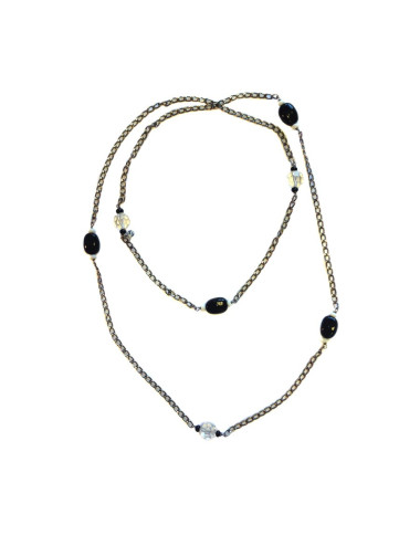 Sautoir MARGUERITE DE VALOIS chaîne argentée, pâte de verre noire et blanche et cristaux svarowski transparents
