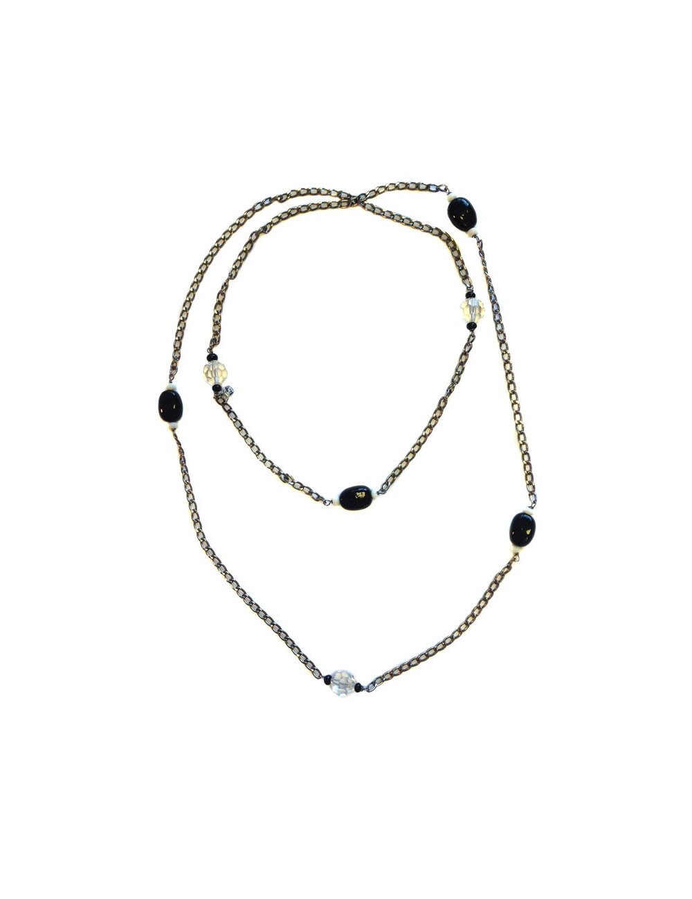 Sautoir MARGUERITE DE VALOIS chaîne argentée, pâte de verre noire et blanche et cristaux svarowski transparents