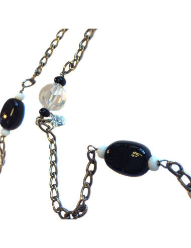 Sautoir MARGUERITE DE VALOIS chaîne argentée, pâte de verre noire et blanche et cristaux svarowski transparents 2