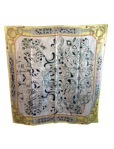 Carré géant "Folklore" HERMES en twill plume de soie jaune
