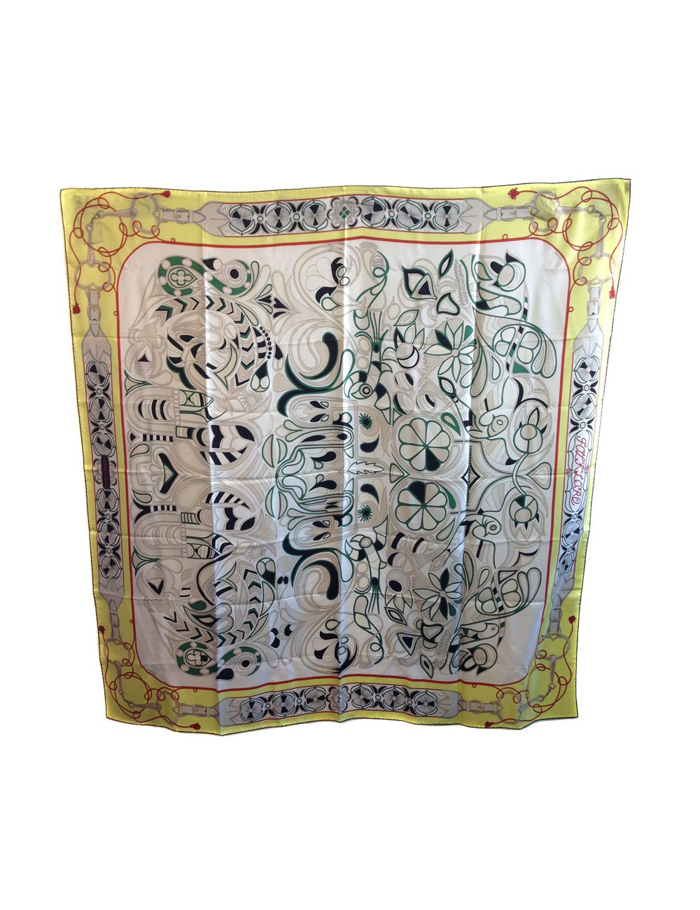 Carré géant "Folklore" HERMES en twill plume de soie jaune