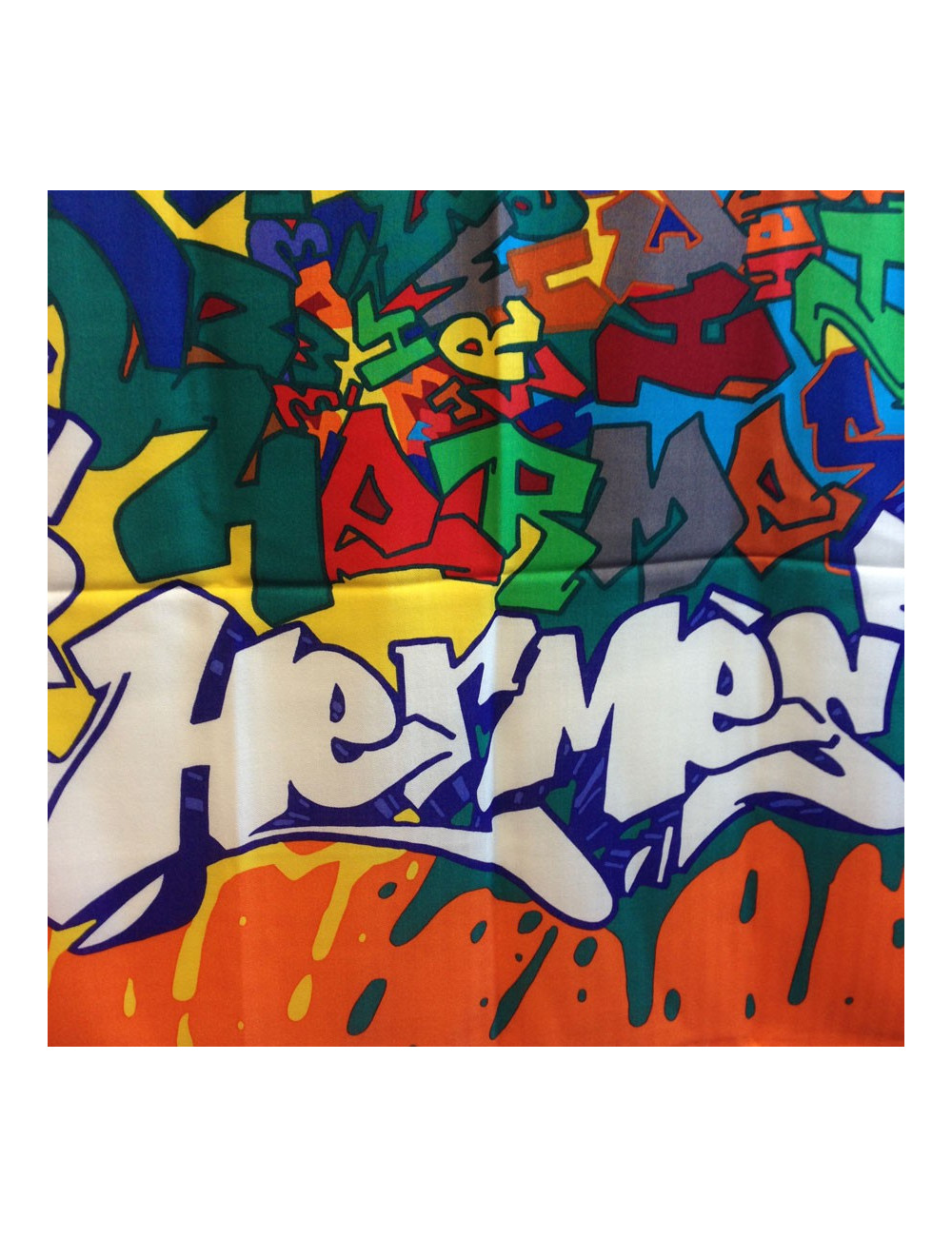 Châle HERMES orange cachemire et soie modèle graffiti