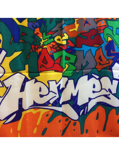Châle HERMES orange cachemire et soie modèle graffiti