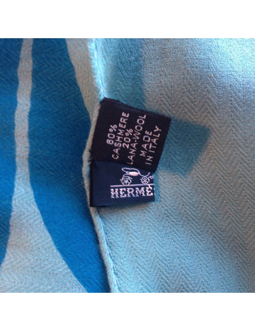 Grand châle HERMES bleu  avec motifs cachemire et laine