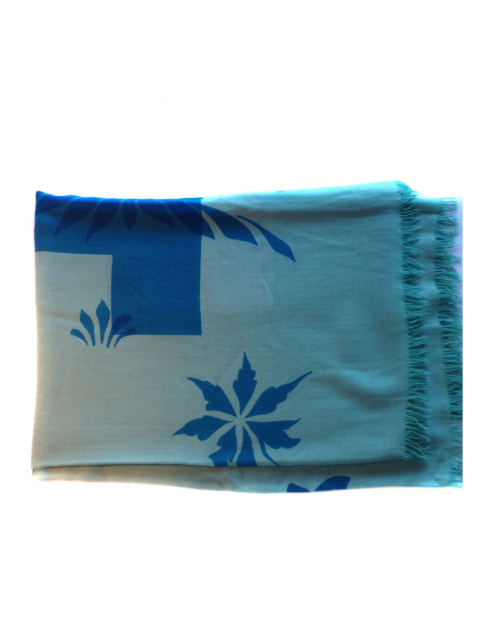 Grand châle HERMES bleu ciel en cachemire et laine motif floral