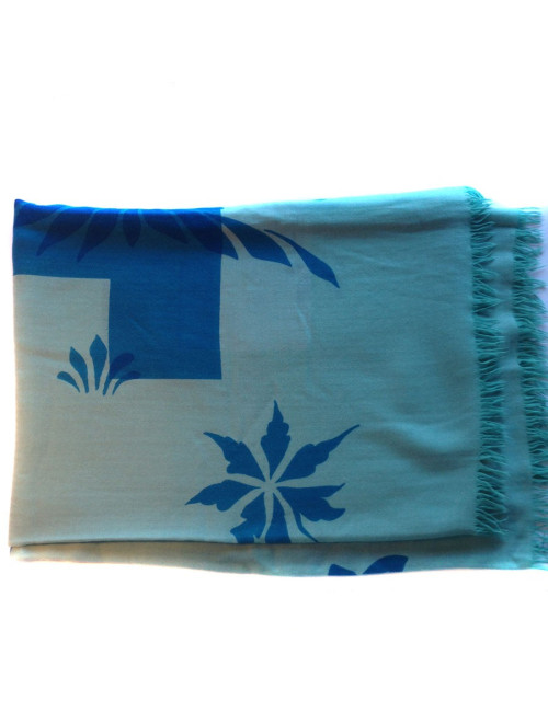 Grand châle HERMES bleu  avec motifs cachemire et laine