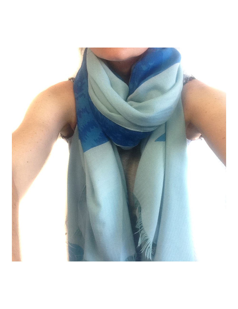 Grand châle HERMES bleu  avec motifs cachemire et laine