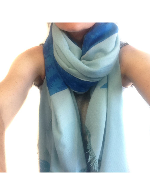 Grand châle HERMES bleu  avec motifs cachemire et laine