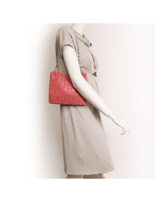PACO RABANNE bag in coral leather and palladium metal