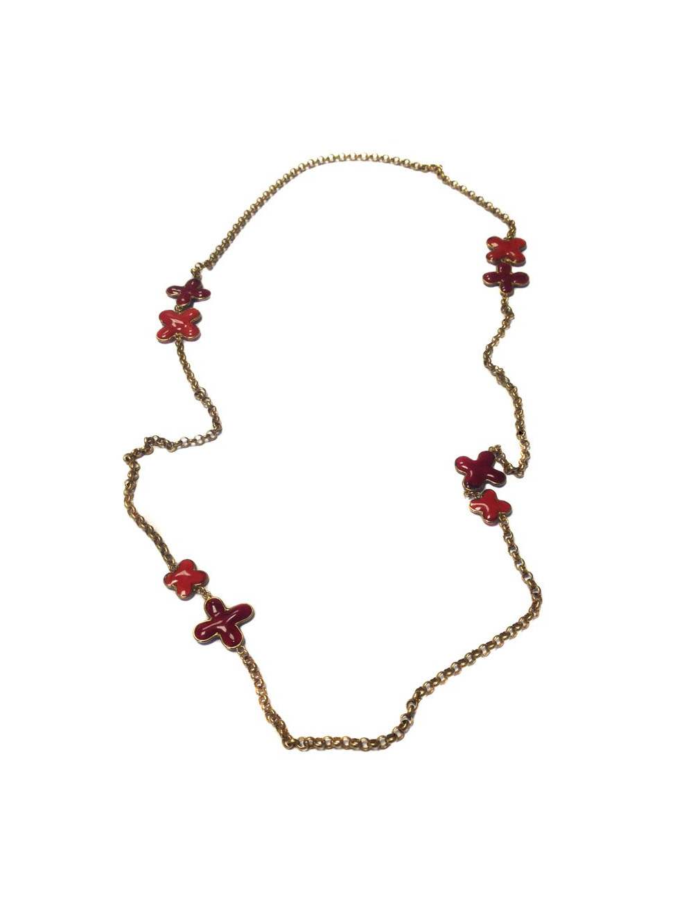 Sautoir MARGUERITE DE VALOIS chaîne or vieilli, pâte de verre rouge sang et corail