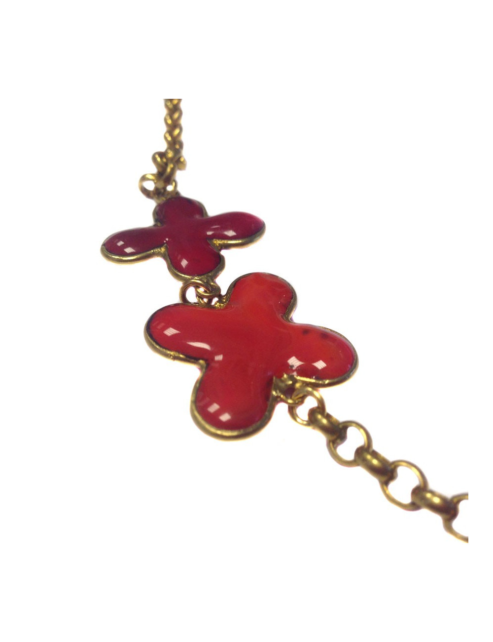 Sautoir MARGUERITE DE VALOIS trèfle, chaîne en métal doré vieilli, pâte de verre rouge sang et corail 