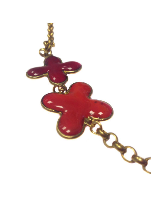 Sautoir MARGUERITE DE VALOIS trèfle, chaîne en métal doré vieilli, pâte de verre rouge sang et corail 