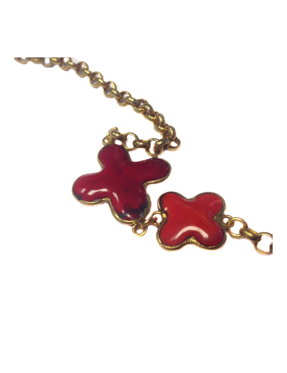 Sautoir MARGUERITE DE VALOIS trèfle, chaîne en métal doré vieilli, pâte de verre rouge sang et corail 