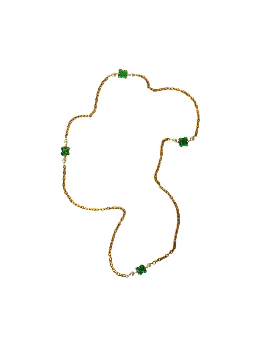 Sautoir MARGUERITE DE VALOIS trèfle, chaîne en métal doré vieilli, pâte de verre émeraude et perle nacrée