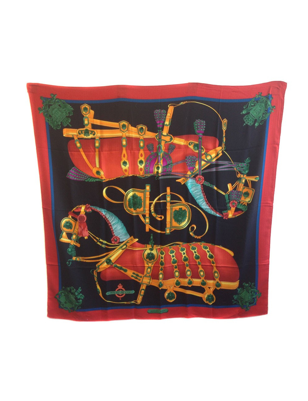 Châle HERMES "Harnais de cour" en cachemire et soie rouge, noir, vert 