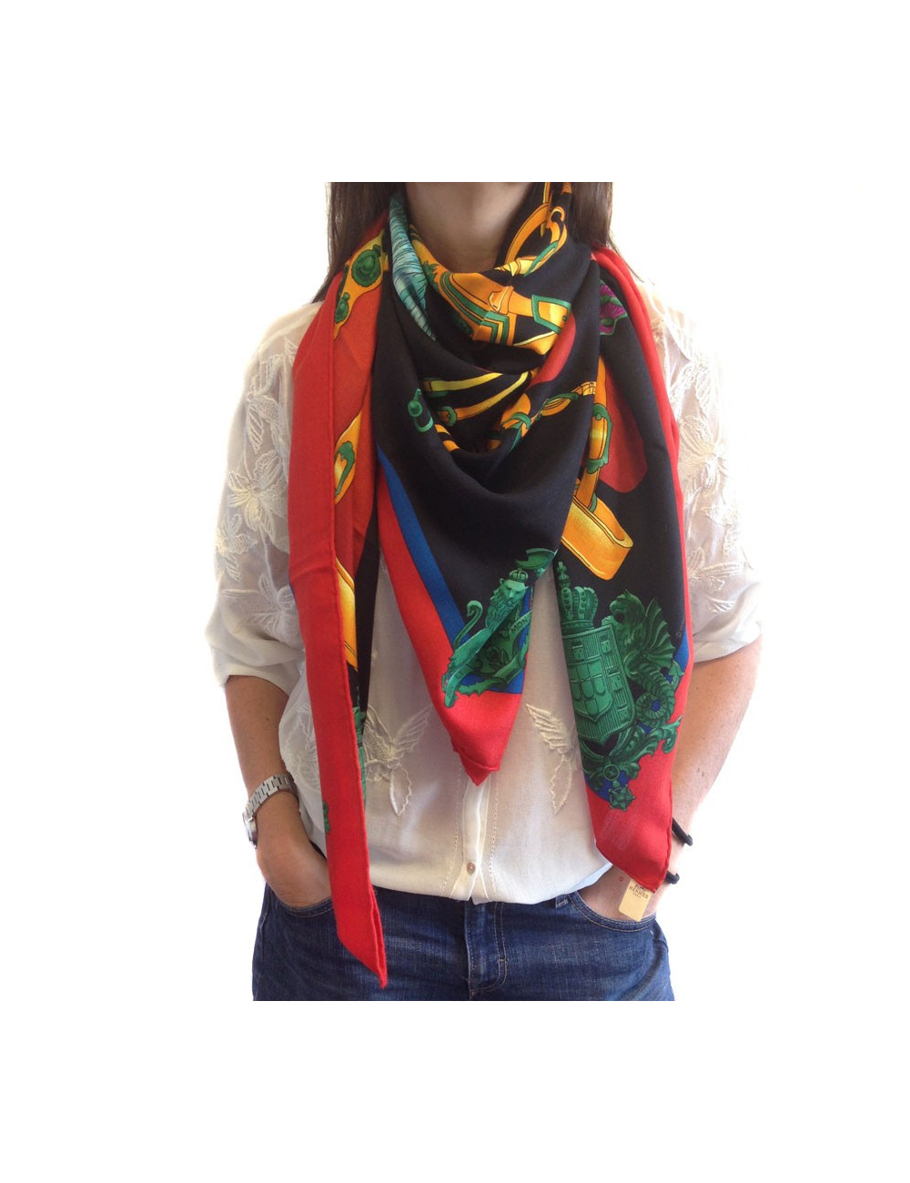 Shawl HERMES "Harness of court" in cashmere and silk red, black, green