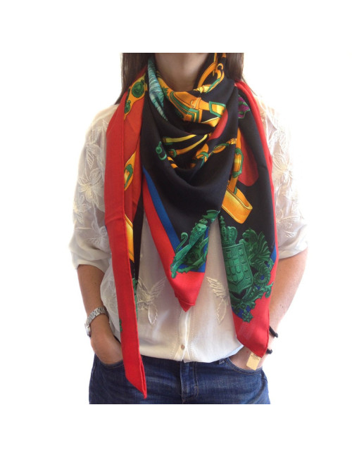 Shawl HERMES "Harness of court" in cashmere and silk red, black, green