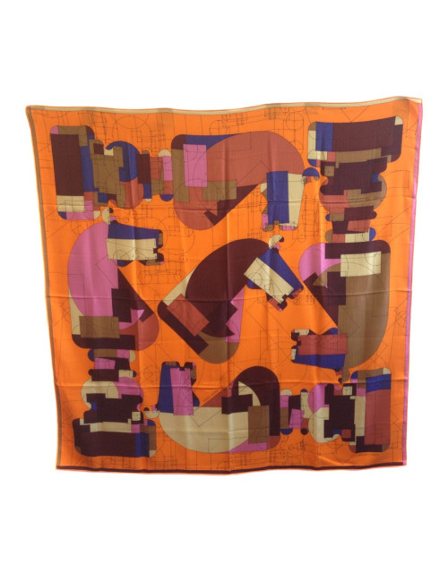 Châle HERMES "échec au roi" cachemire et soie orange 