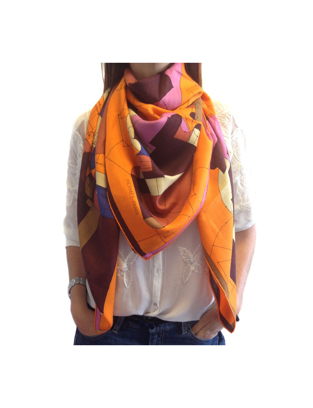 HERMES Shawl 'Echec au roi ' in multicolored cashmere and silk 